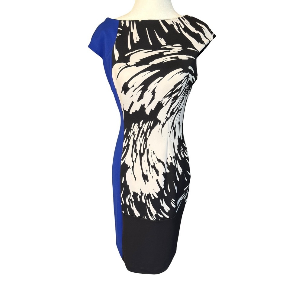 Maggy London Blue Black White Abstract Colorblock Sheath Dress Cap Sleeve Size 4